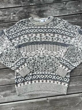 Vintage Florence Tricot Geo-Pattern Crewneck Sweater - Gray & Cream